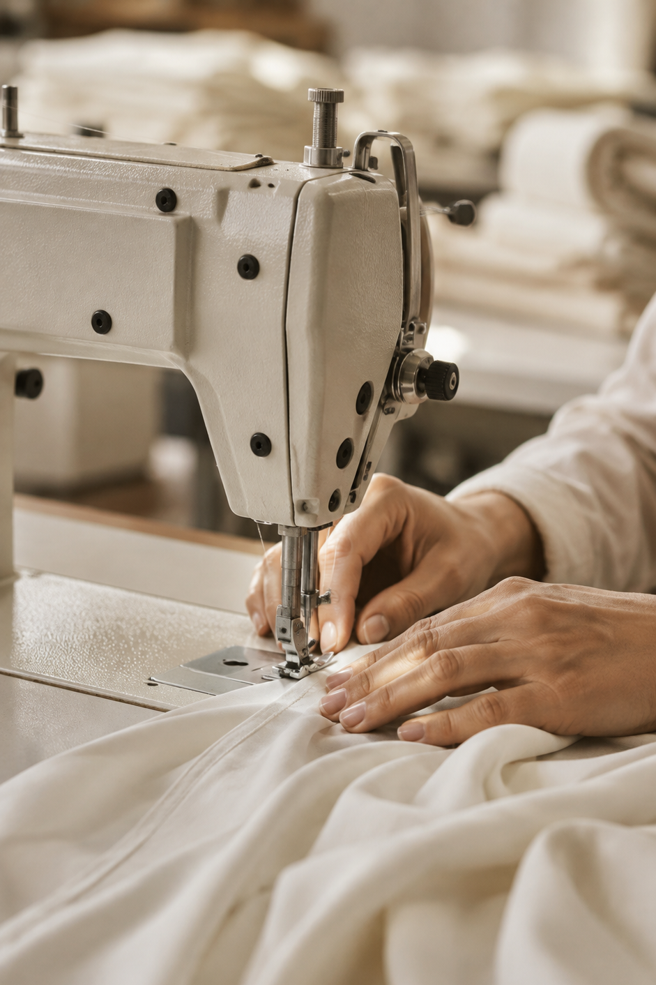 A close-up of a person's hands guiding fabric under the needle of a vintage cream-colored industrial sewing machine in a softly lit workshop.