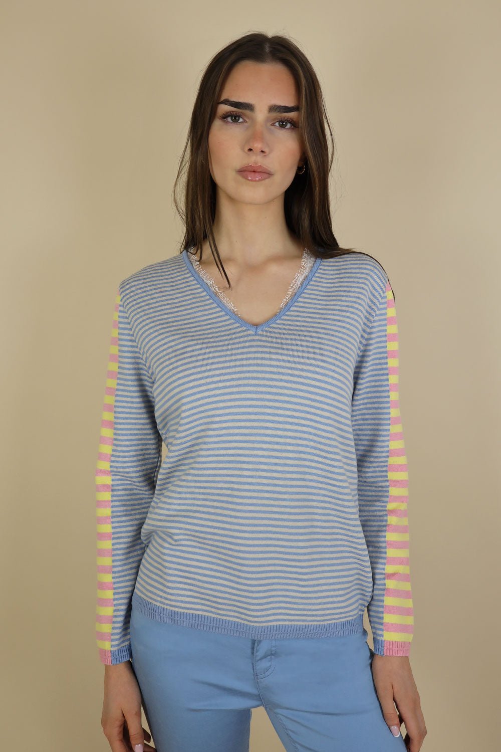 Fangio V Neck Multi Striped Knit - No2moro