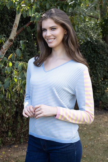 Fangio V Neck Multi Striped Knit - No2moro