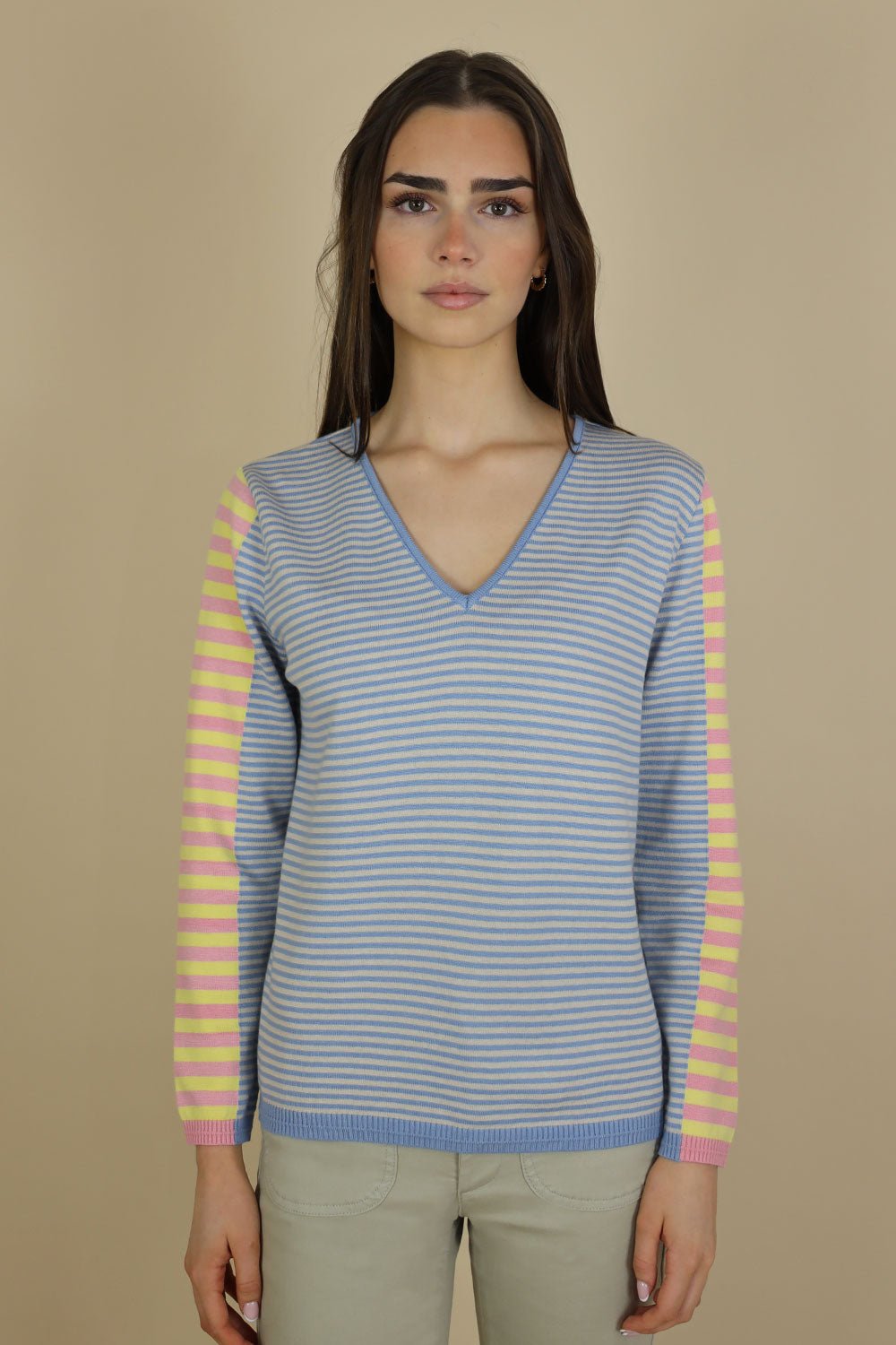 Fangio V Neck Multi Striped Knit - No2moro